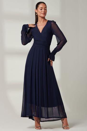 Buy Jolie Moi Navy Blue Greta Long Sleeve Mesh Maxi Dress from Next Kuwait