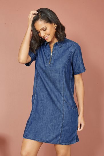 Yumi Blue Cotton Chambray Dress With Zip Neckline