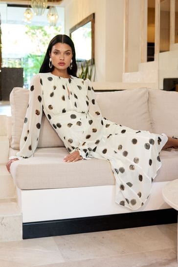 Buy Black White Lipsy Long Sleeve Gathered Waist Spot Midi Dress from Next Bahrain