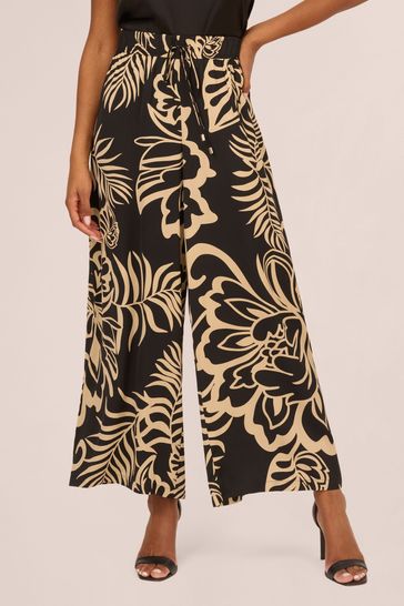 Adrianna Papell Printed Drawstring Waist Pull On Woven Black Trousers