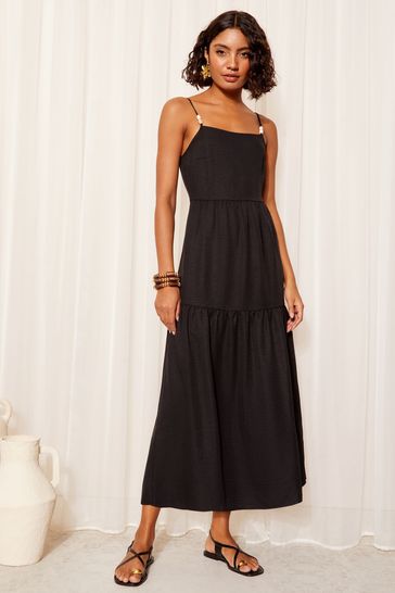 Friends Like These Black Strappy Bead Trim Midi Printed Woven Dress