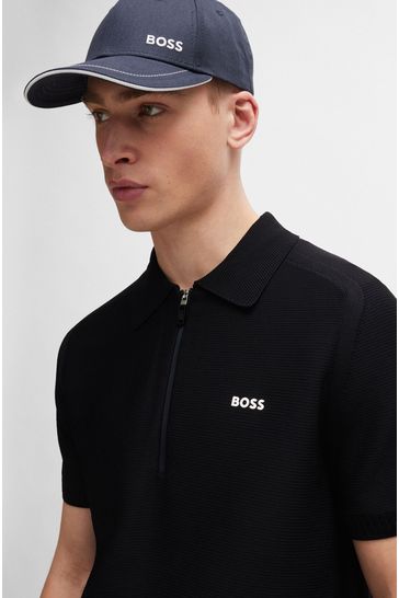 BOSS Dark Blue Short-Sleeved Zip-Neck Polo Sweater With Logo Detail