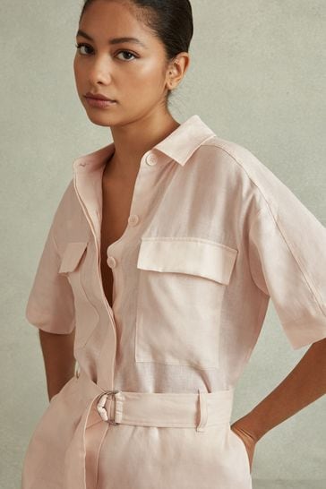 Reiss Pink Selina Linen Belted Playsuit