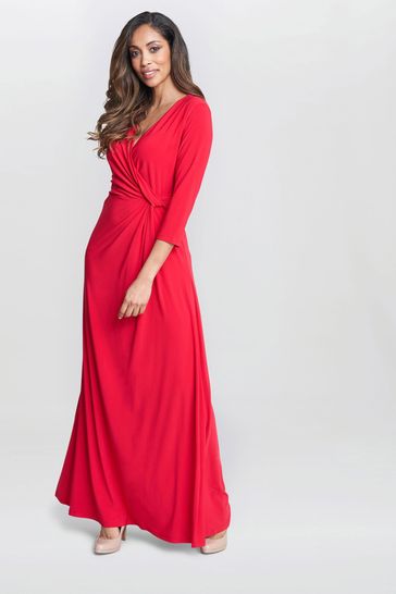 Gina Bacconi Red Celine Jersey Wrap Maxi Dress