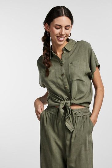 PIECES Green Linen Blend Tie Front Co-Ord Top