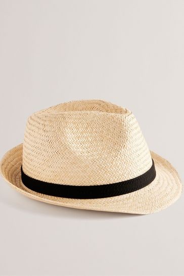 Ted Baker Natural Panns Straw Trilby Webbing Trim Hat