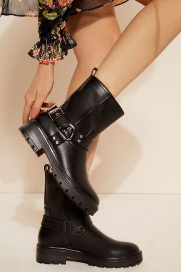 Friends Like These Black Wide Fit Faux Leather Chunky Buckle Ankle Biker Boot