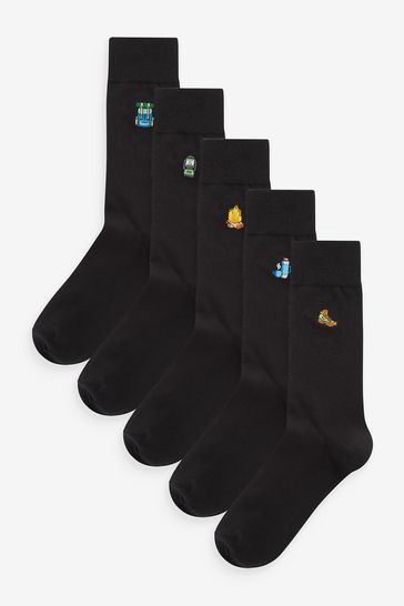 Black Camping Fun Embroidered Socks 5 Pack