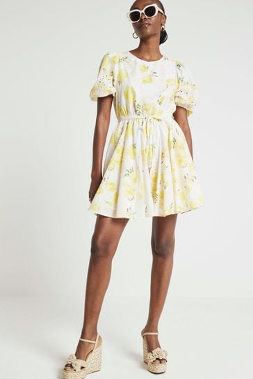 River Island Yellow Broderie Mini Dress