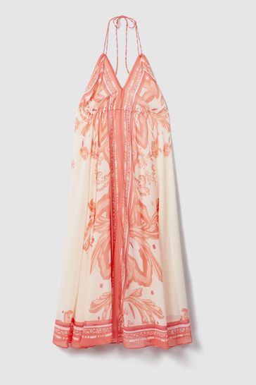 Reiss Coral Delilah Petite Printed Ruched Waist Midi Dress