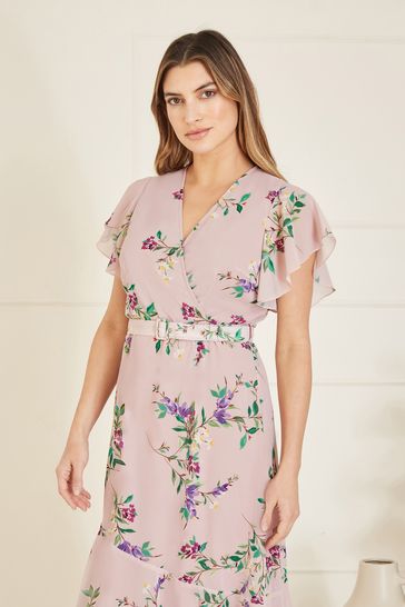 Buy Yumi Pink Wrap Over Midi Dress With Frill Details And Matching Belt from Next Bahrain