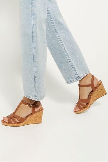 Dune London Brown Wide Fit Koali Plait T-Bar Wedge Sandals