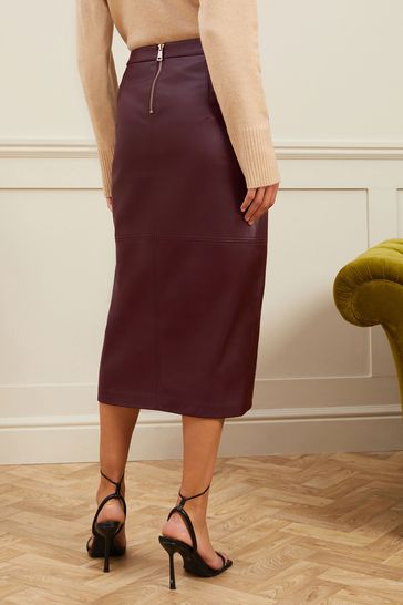 Love Roses Burgundy Petite Faux Leather Midi Pencil Skirt