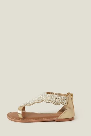 Accessorize Girls Cream Pearl Embellished Sandals