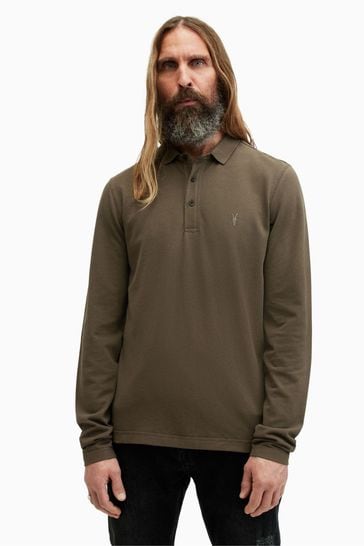 AllSaints Green Reform Long Sleeve Polo Shirt