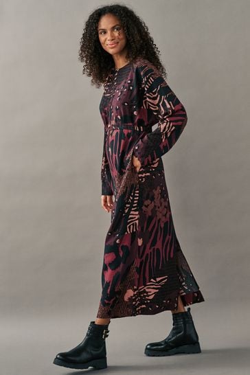 Berry Red Long Sleeve Batwing Midi Dress