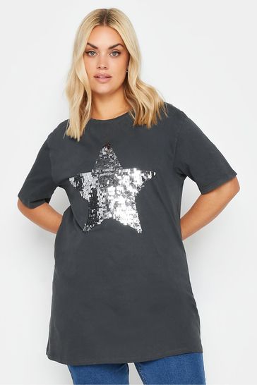 Yours Curve Grey Sequin Star Top
