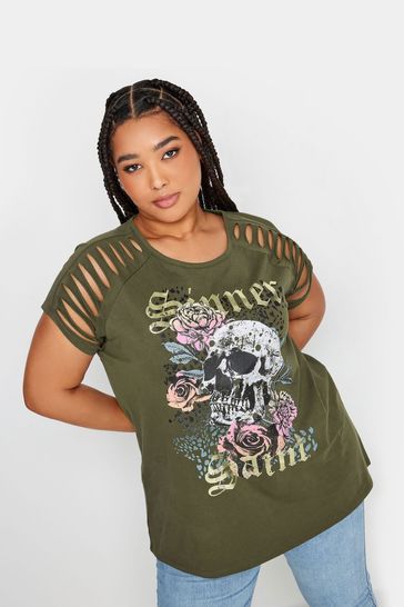 Yours Curve Khaki Green Cut Out Butterfly Embellished T-Shirt