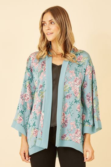 Mela Green Floral Satin Kimono Jacket