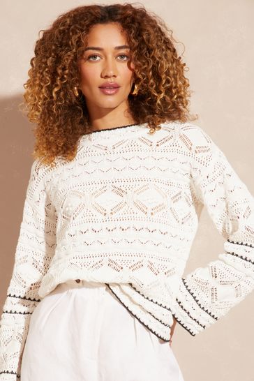 Love & Roses Ivory White Crochet Contrast Stitch Flute Sleeve Jumper