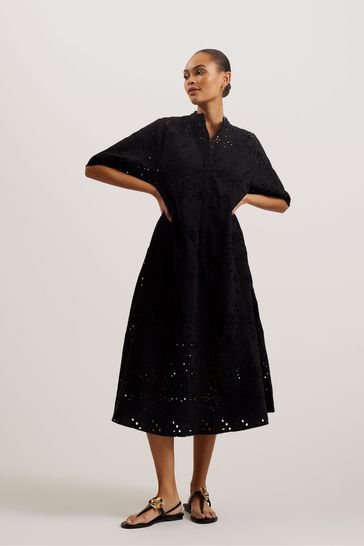 Ted Baker Oversized Nikaia Broderie Midi Black Dress