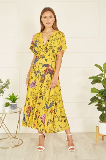 Yumi Yellow Viscose Bird And Floral Print Ruched Waist Midi Dress