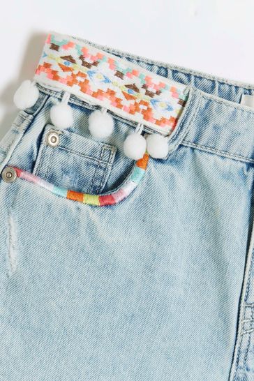 River Island Girls Denim Pom Pom 100 Cotton Shorts