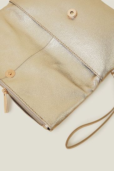 Accessorize Gold Leather Fold Over Clutch one Womens