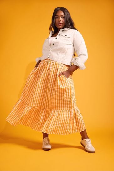 Yours Curve Orange Gingham Tiered Pure Cotton Midi Skirt