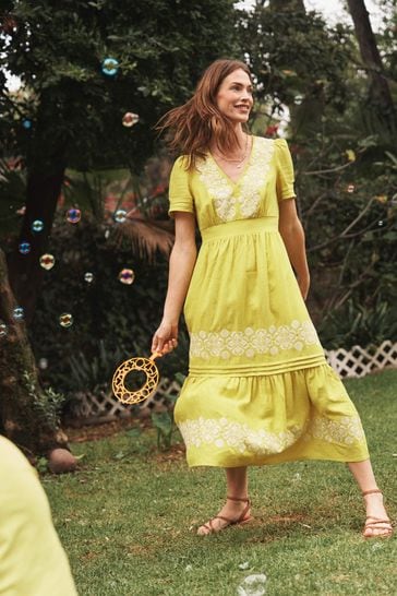 Boden Yellow Eve Linen Midi Dress