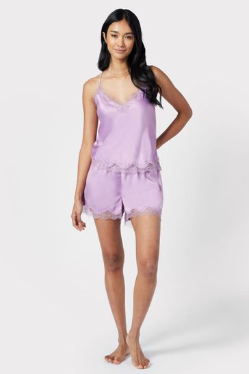 Chelsea Peers Purple Satin Lace Trim Cami Short Pyjama Set