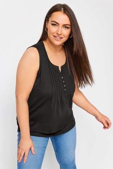 Yours Curve Black Sleeveless Pintuck Henley Top