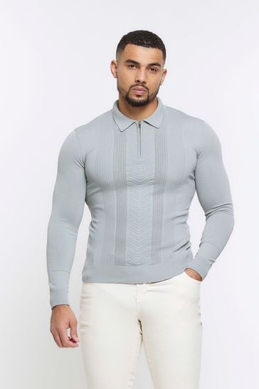 River Island Grey Muscle Fit Long Sleeve Texture Polo Knit T-Shirt