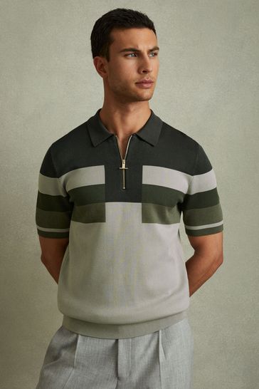 Reiss Green Verde Knitted Colourblock Half-Zip Polo Shirt