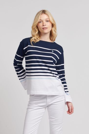 U.S. Polo Assn. Womens Blue Reverse Stripe Boat Neck T-Shirt