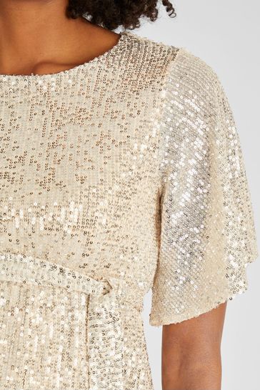 JoJo Maman Bebe Champagne Gold Sequin Maternity Flutter Sleeve Top