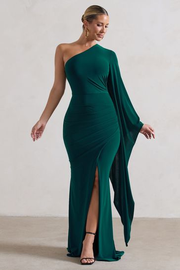 Club L London Forest Green Giada Ruched Asymmetric Maxi Dress With Cape Sleeve