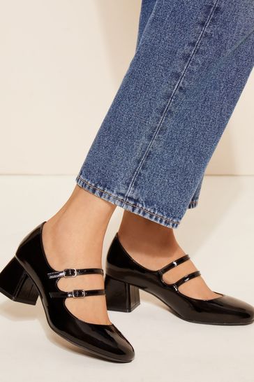 Friends Like These Black Faux leather Double Strap Block Heel Mary Jane Court Shoe