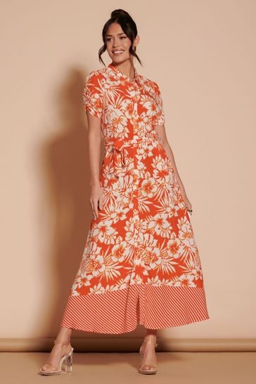 Jolie Moi Orange Elsie Floral Viscose Shirt Maxi Dress