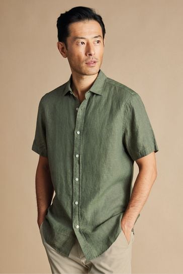 Charles Tyrwhitt Green Slim Fit Plain Short Sleeve Pure Linen Shirt