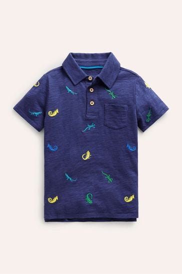Boden Blue Embroidered Lizard Slubbed Polo Shirt