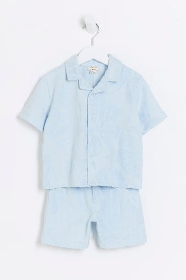 River Island Blue Boys Towelling Shirt And Shorts Set