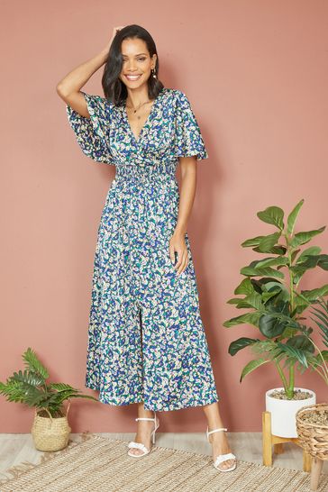 Yumi Blue Satin Ditsy Print Wrap Maxi Dress