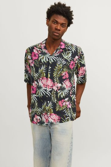 JACK & JONES Black Printed Resort Collar Summer Shirt