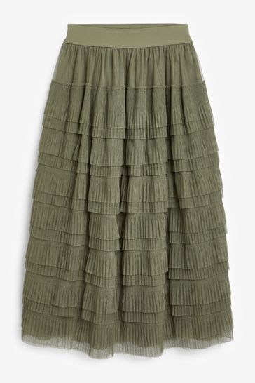 Buy Khaki Green Mesh Tulle Midi Skirt from Next Bahrain