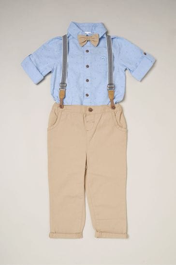 Little Gent Blue Shirt Bodysuit Bowtie Loop Brace And Trousers Outfit Set