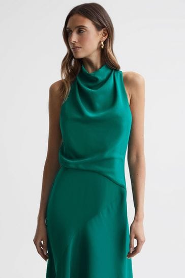 Reiss Green Giana Petite High Neck Draped Midi Dress