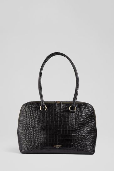 LK Bennett Jamie Croc Effect Leather Black Tote Bag