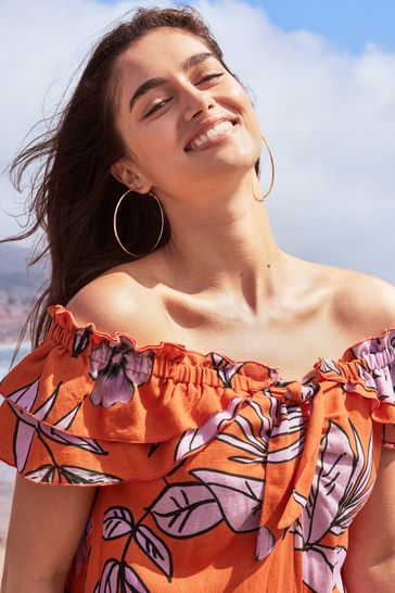 Orange floral off the shoulder clearance dress