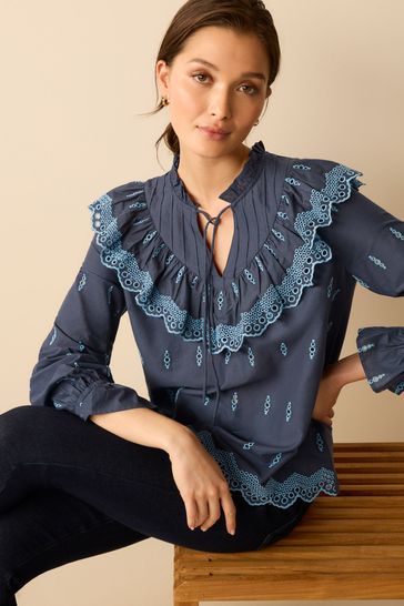 Buy Navy Blue Long Sleeves High Neck Broderie Smock Top from Next Luxembourg